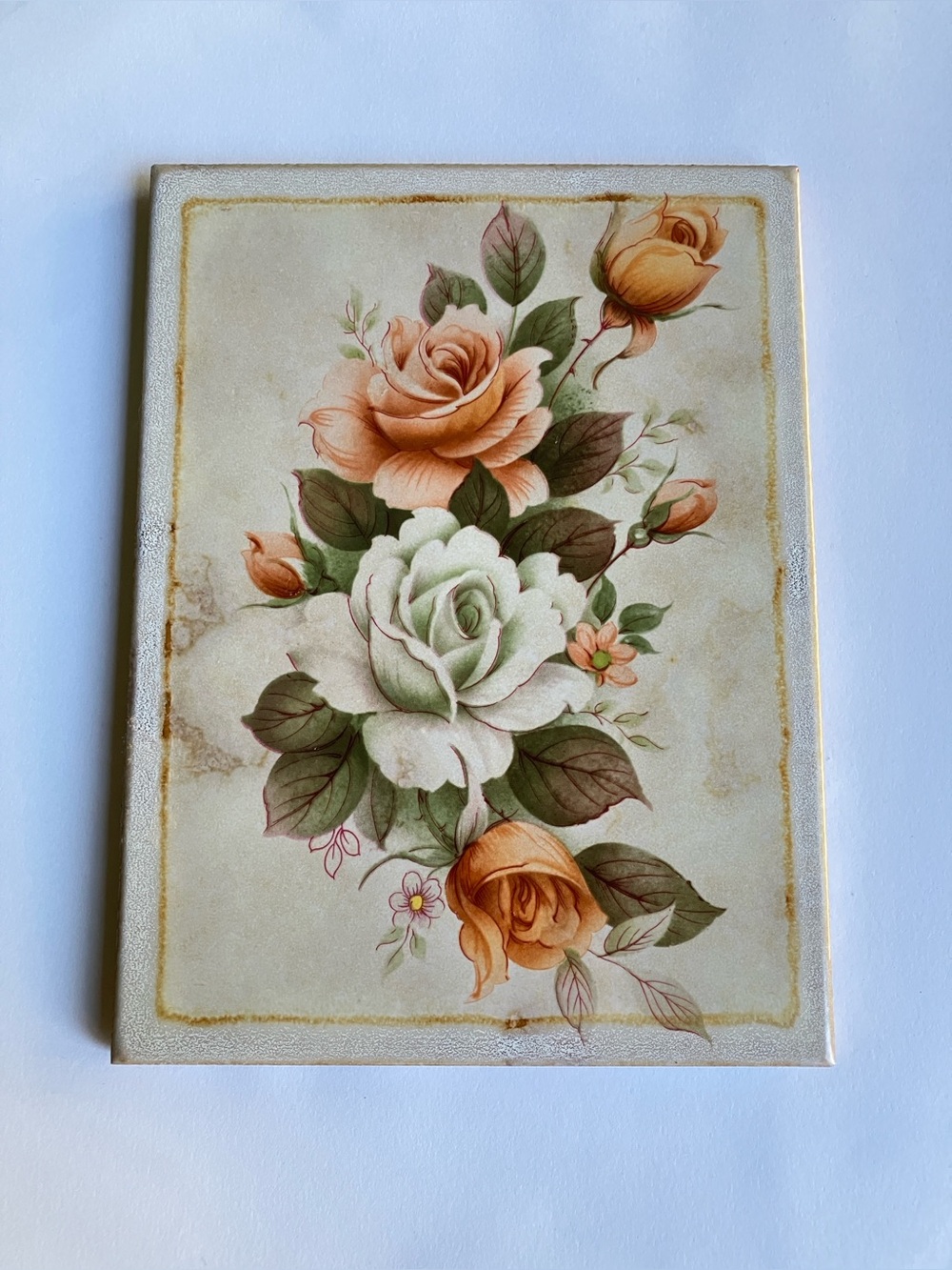 Vintage cottage roses peach decorative Semigres ceramic art tile made in Italy